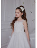 Beaded Ivory Lace Tulle Long Flower Girl Dress